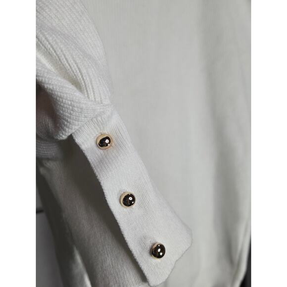 Puff Sleeve Gold Detail White Low Cut Contemporary Cozy Casual Sweater Top | S - Picture 4 of 9
